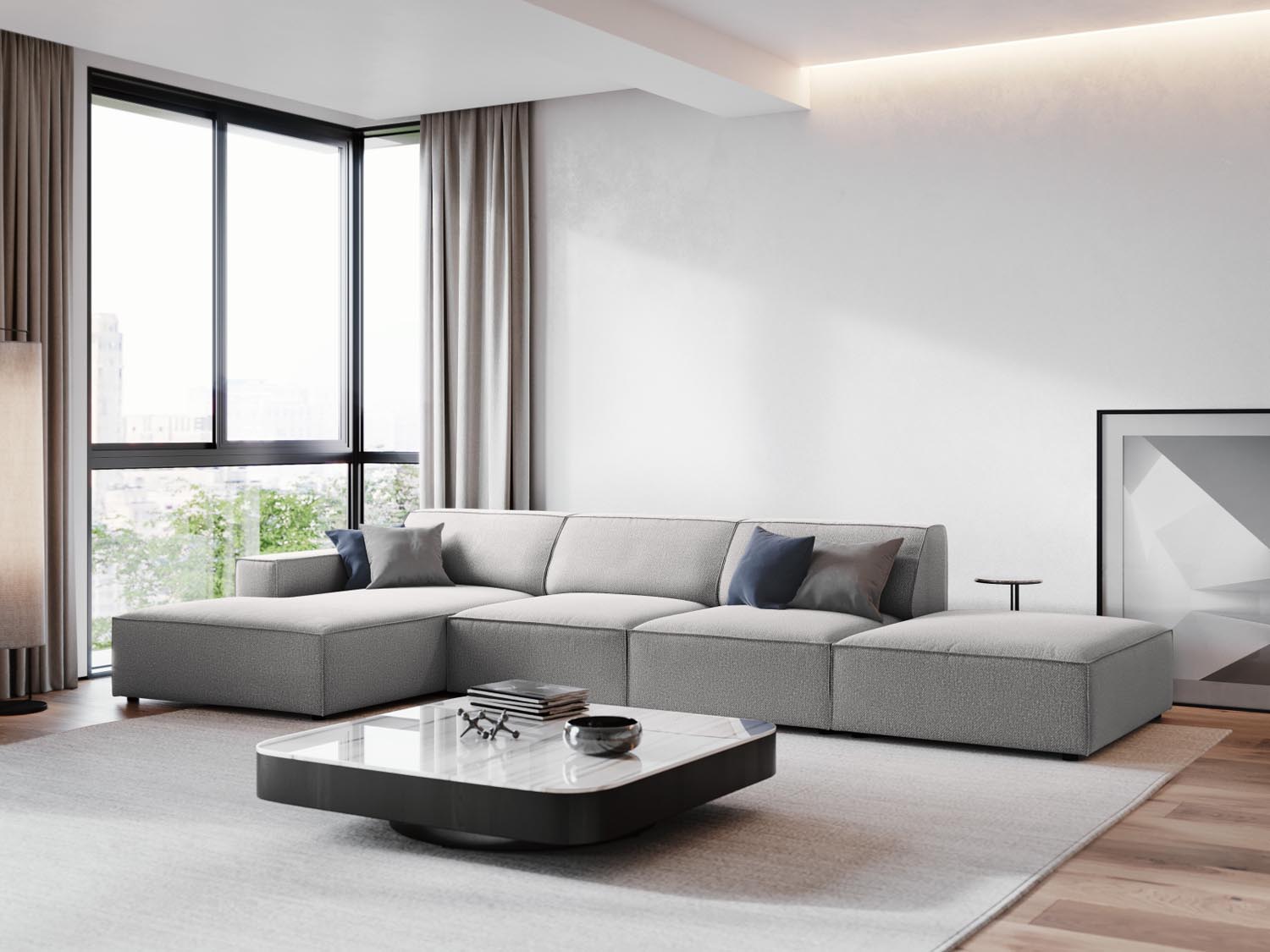Stylisches, modulares Ecksofa Jodie in hellem Grau, ideal für moderne Wohnräume. Komfortables 5-Sitzer-Design von Micadoni.