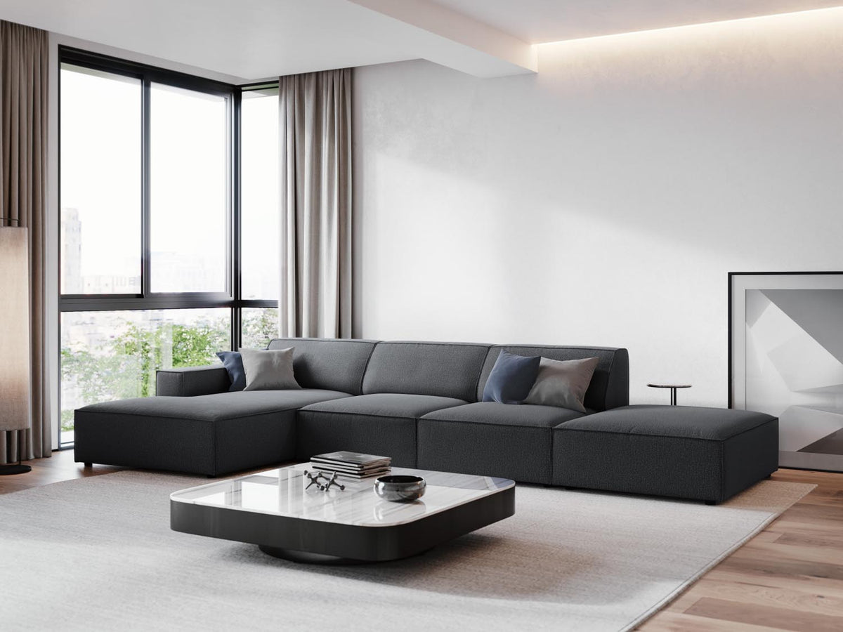 Modulares Ecksofa Jodie von Micadoni, L-Form mit Meridienne links, Polsterstoff, schwarze Beine