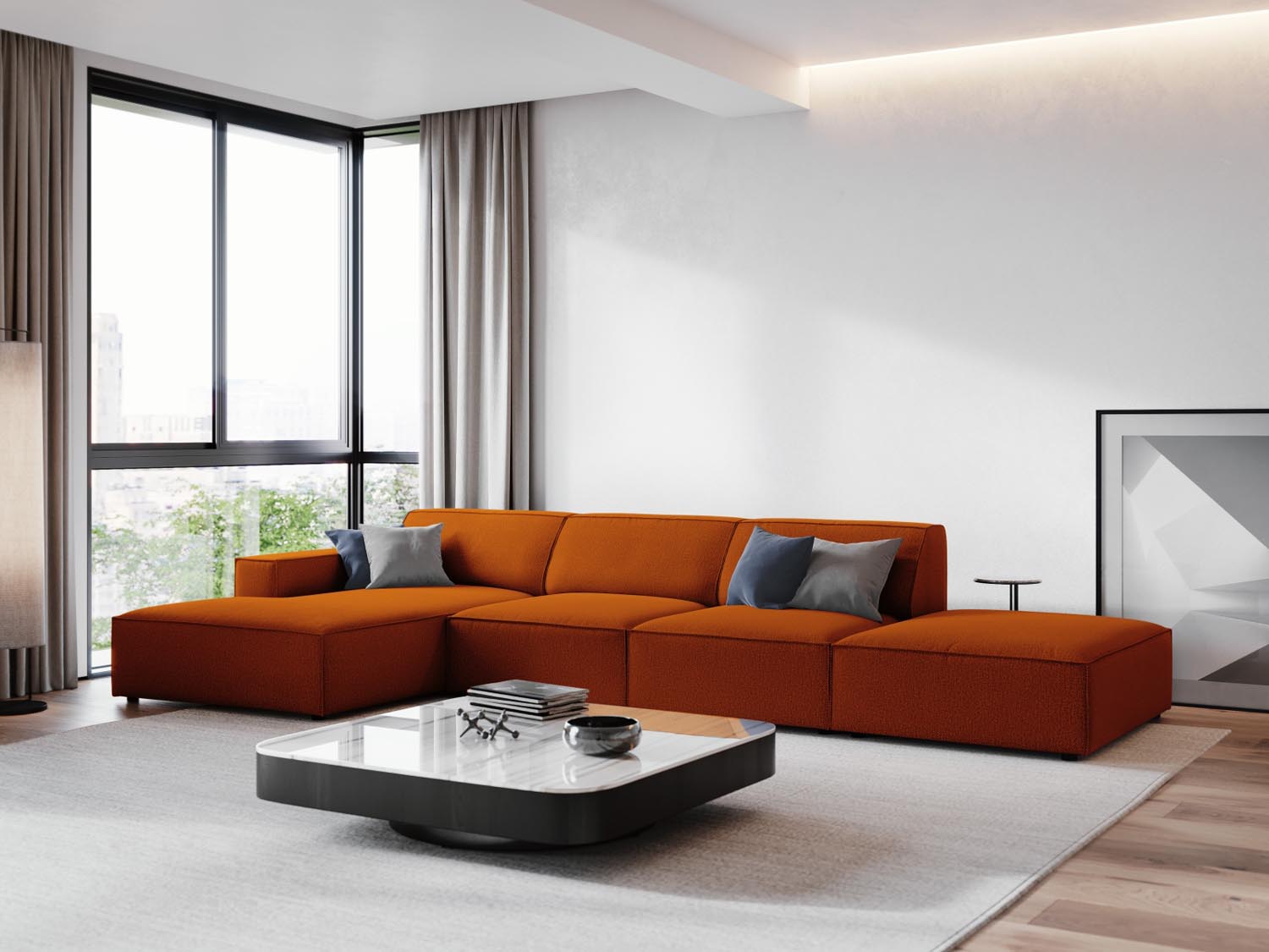 Gemütliches, modulares Ecksofa Jodie in Terracotta, ideal für stilvolle Wohnräume. Perfekt als 5-Sitzer für entspannte Abende.
