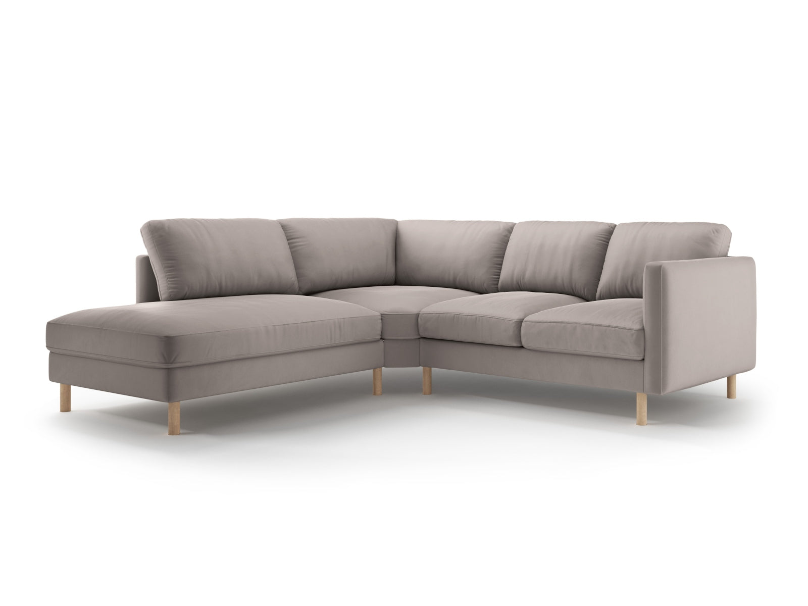 Elegantes linksseitiges Ecksofa Eden Velour für 4 Personen in einem sanften Grauton, ideal für stilvolle Wohnräume und entspannte Stunden.