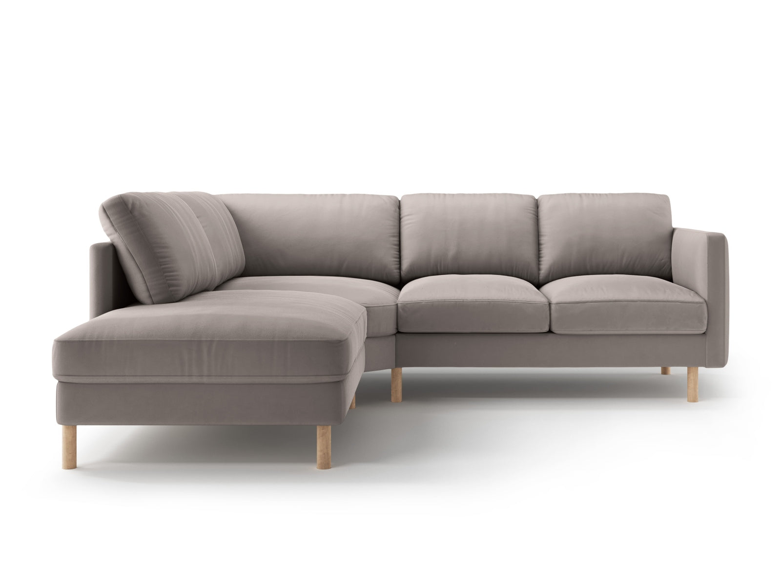 Modernes linksseitiges Ecksofa Eden Velour für 4 Personen in einem zeitlosen Grauton, perfekt für gemütliche Abende und stilvolle Einrichtung.