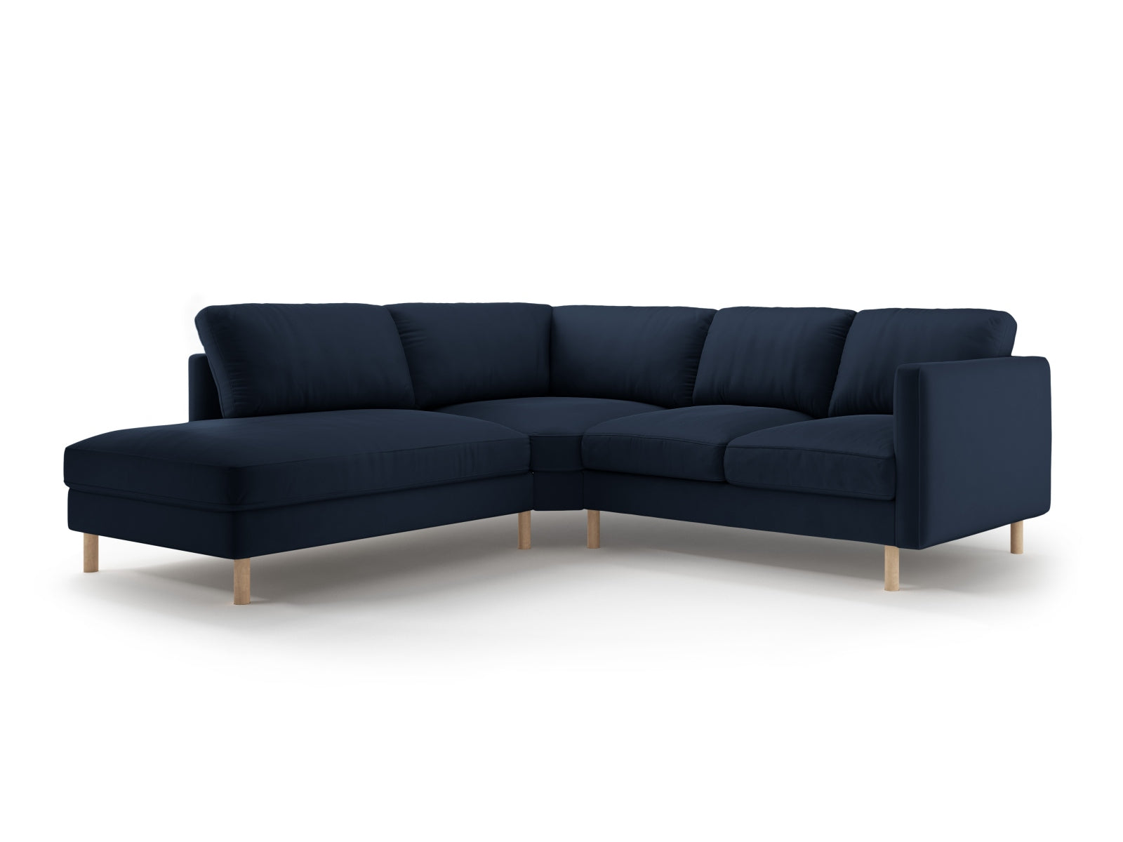 Elegantes linksseitiges Ecksofa Eden Velour in tiefem Blau, ideal für stilvolle Wohnräume und entspannte Stunden.
