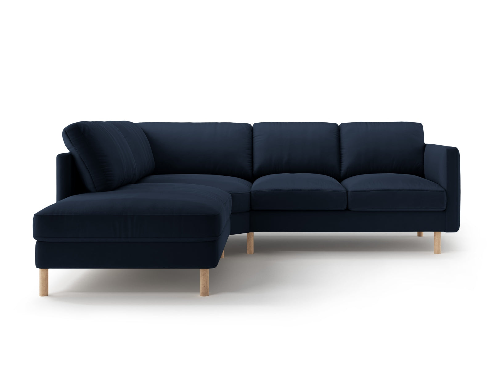 Modernes 4-Sitzer Ecksofa Eden Velour in edlem Blau, perfekt für gemütliche Abende und stilvolle Einrichtungsideen.