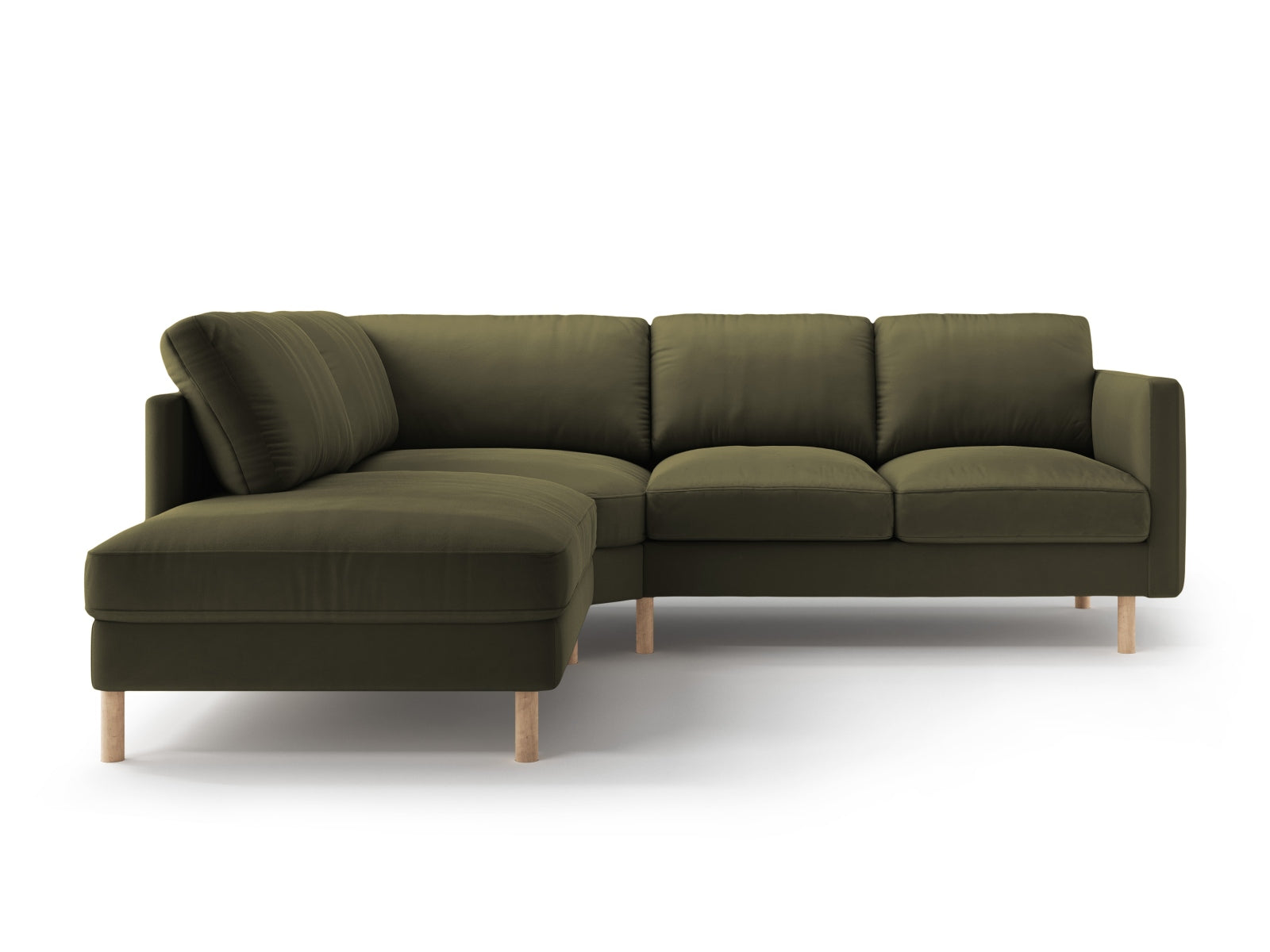 Elegantes 4-Sitzer Ecksofa Eden Velour in luxuriösem Moosgrün, perfekt für entspannte Abende und moderne Wohnkonzepte.