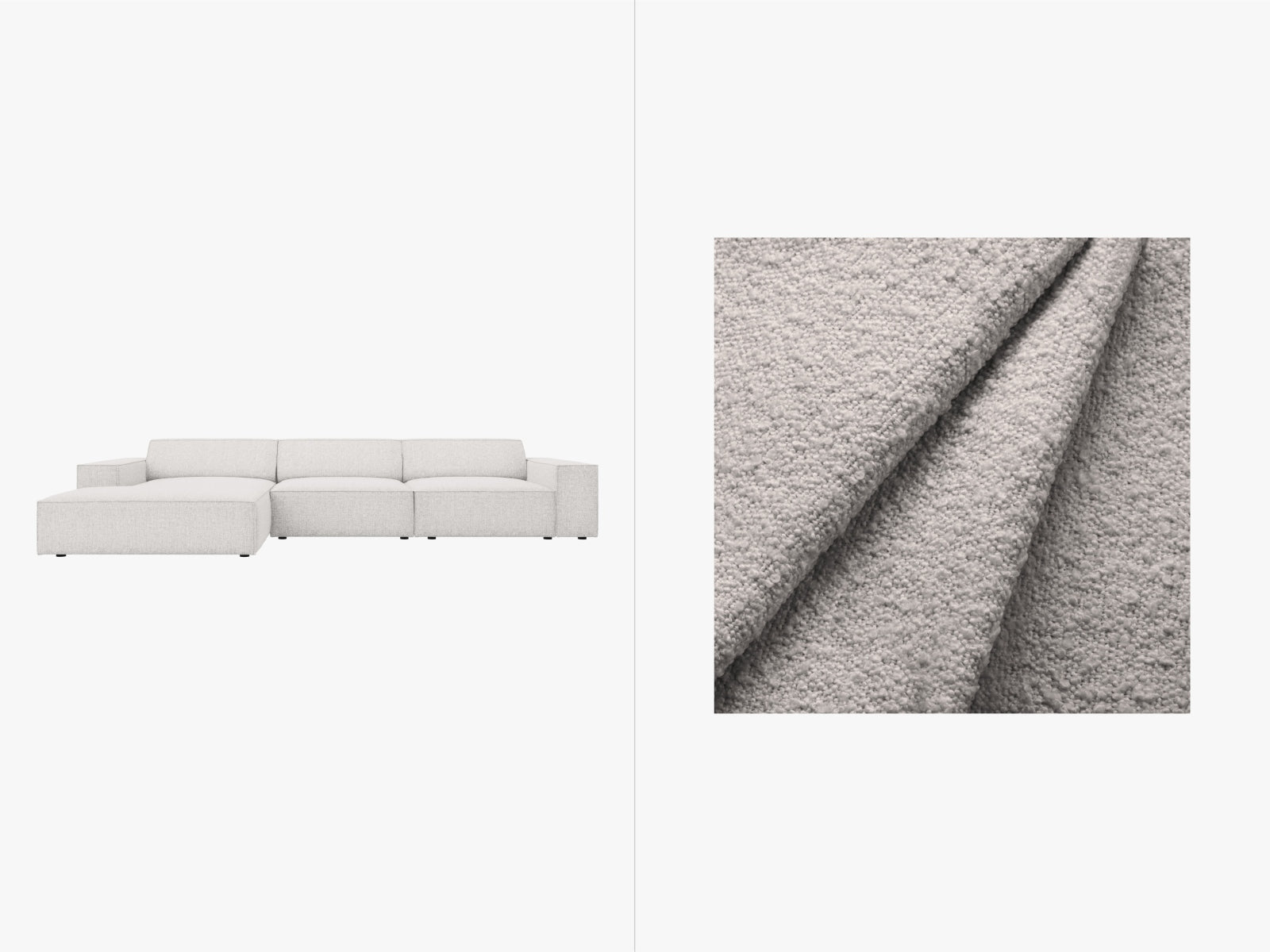 Stylisches, modulares Ecksofa Jodie Boucle links, 4-Sitzer, ideal für moderne Wohnräume, bietet Komfort und Flexibilität in sanften Farbtönen.