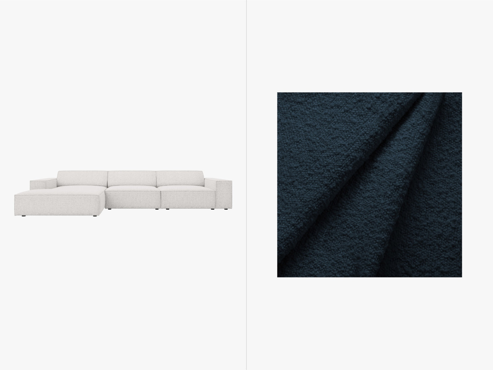Elegantes, modulares 4-Sitzer Ecksofa Jodie Boucle links von Micadoni, vereint modernes Design mit hohem Sitzkomfort und vielseitigen Gestaltungsmöglichkeiten.