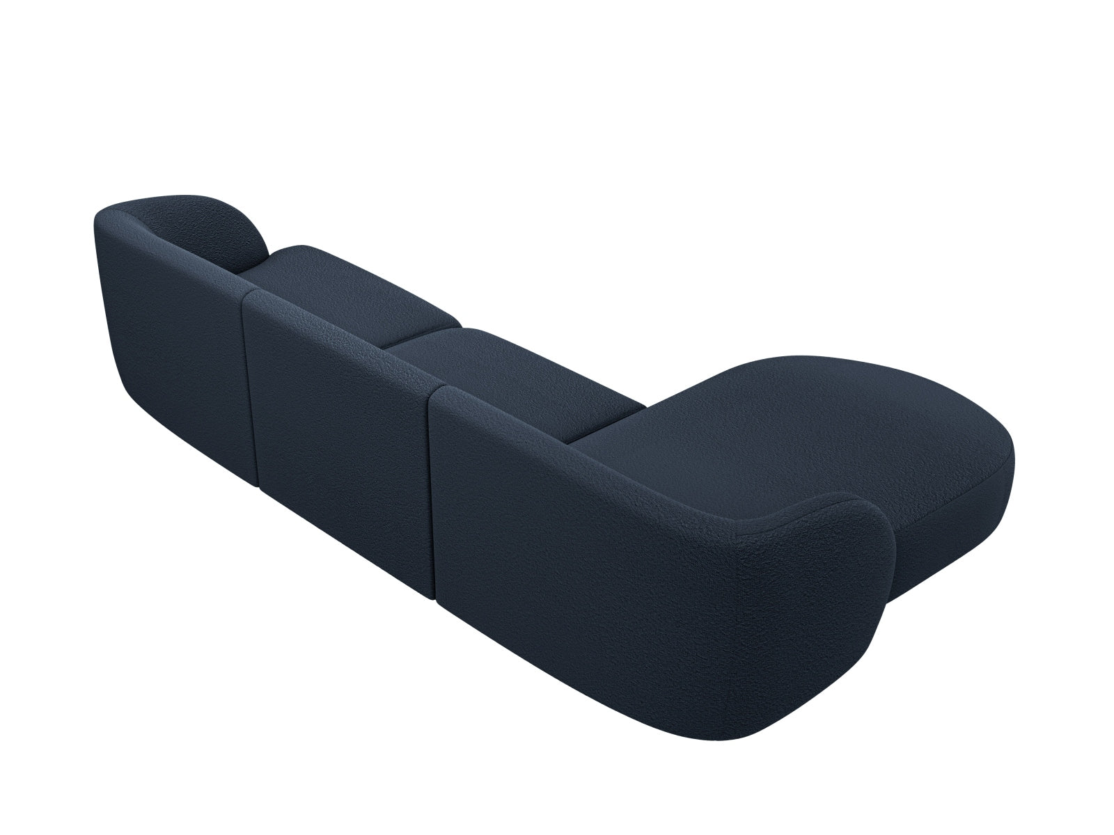 Modernes 4-Sitzer Miley Boucle Ecksofa links in tiefem Blau, perfekt für gemütliche und stilvolle Wohnzimmergestaltung.