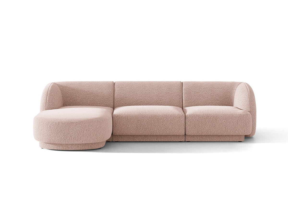 Miley Linkes Ecksofa von Micadoni, L-Sofa links in Dunkelbeige mit Bluvel-Stoffbezug und schwarzen Kunststoffbeinen, Frontalansicht.