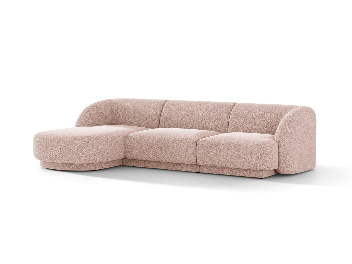 Miley Linkes Ecksofa von Micadoni, L-Sofa links in Dunkelbeige mit Bluvel-Stoffbezug und schwarzen Kunststoffbeinen, Frontalansicht.