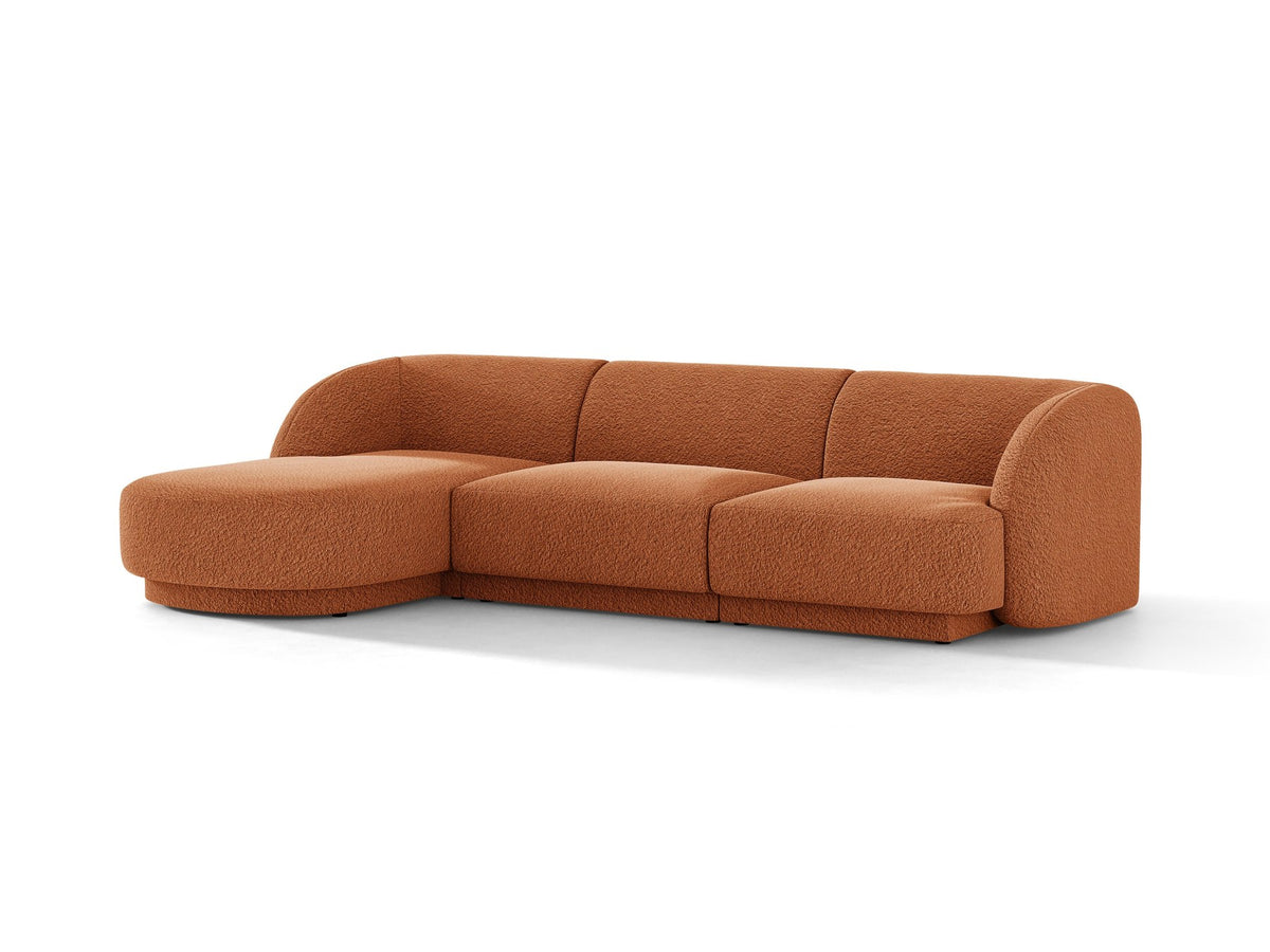 Miley Linkes Ecksofa von Micadoni, L-Sofa links in Dunkelbeige mit Bluvel-Stoffbezug und schwarzen Kunststoffbeinen, Frontalansicht.