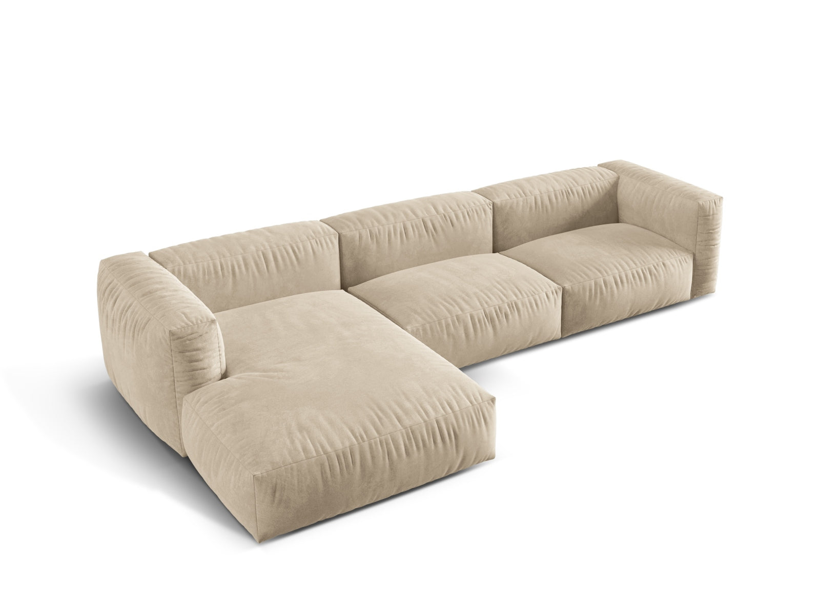 Modernes, modulares L-Sofa Martina in sanftem Beige, perfekt für gemütliche Wohnzimmer. Flexibles Design für individuelle Raumgestaltung.