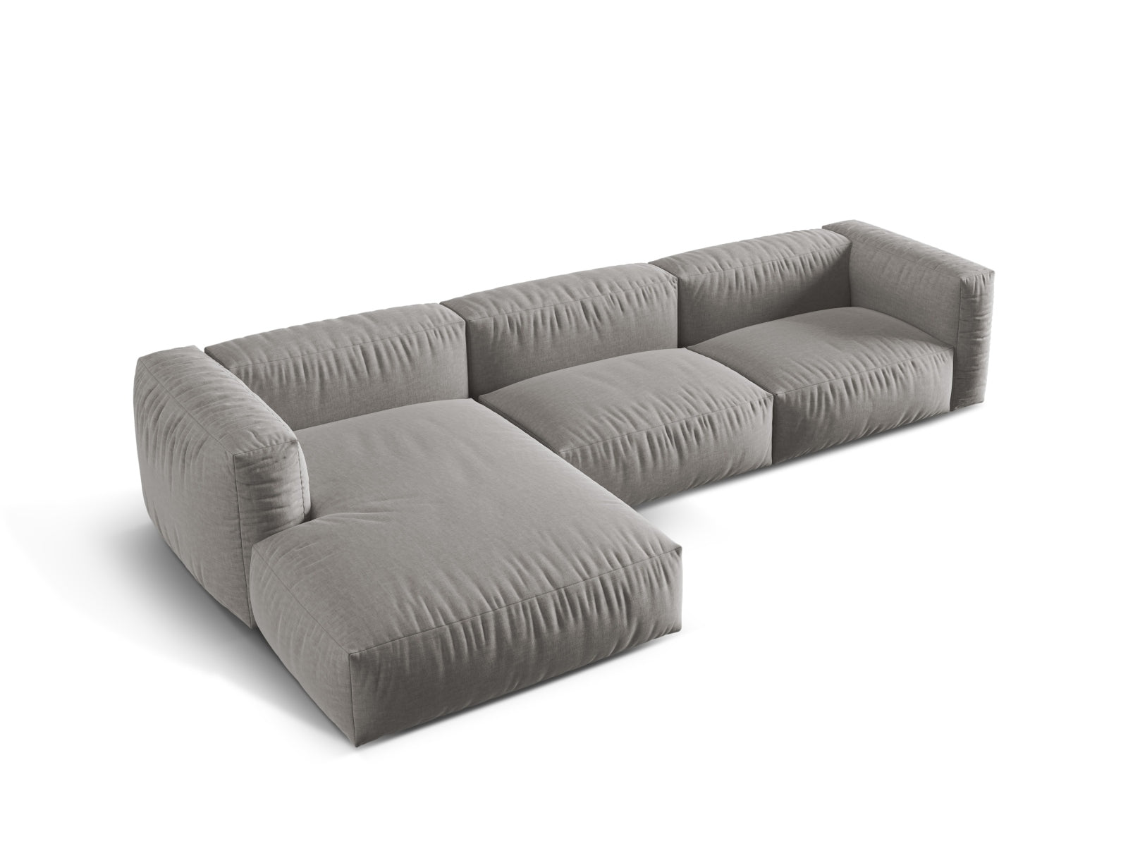 Elegantes, modulares Ecksofa Martina in sanftem Grau, ideal für moderne Wohnräume. Bietet vielseitige Gestaltungsmöglichkeiten und hohen Sitzkomfort.
