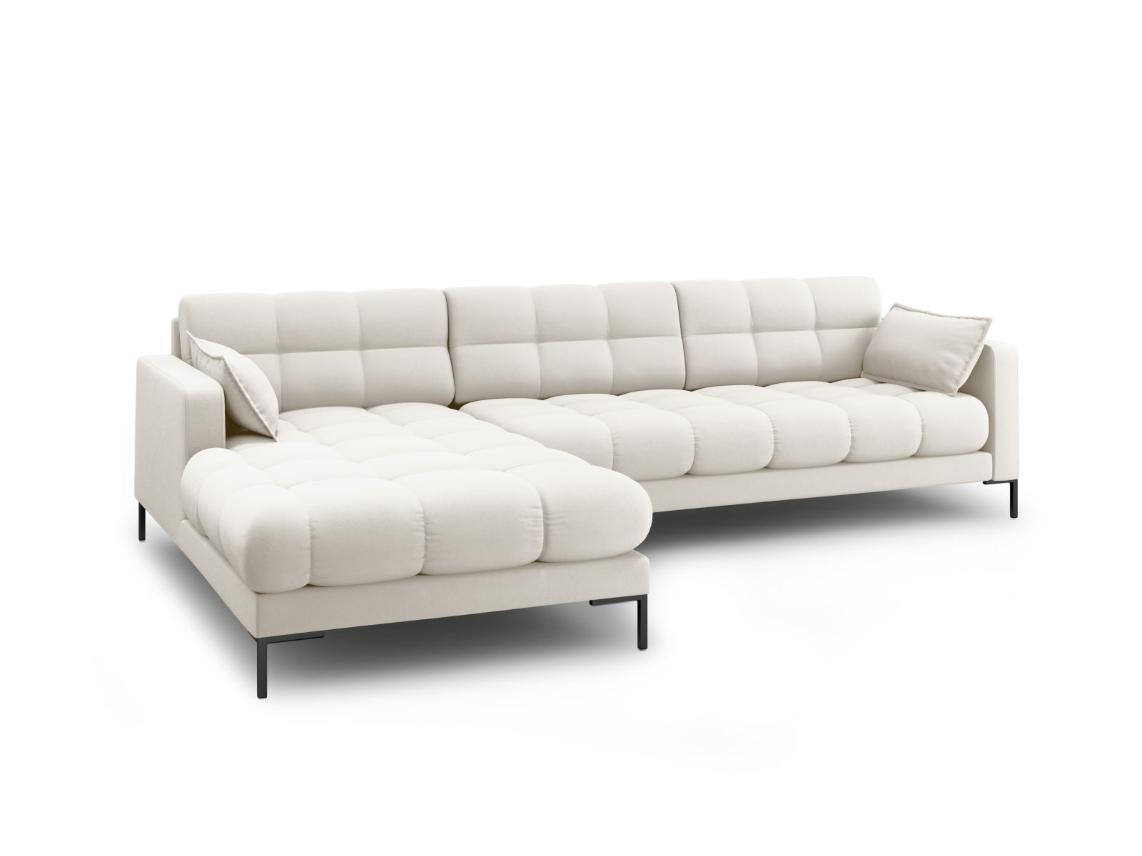 Elegantes Mamaia Ecksofa links in sanften Beige- und Schwarz-Tönen, perfekt für stilvolle Wohnzimmer. Geräumiges 5-Sitzer Modell von Micadoni.