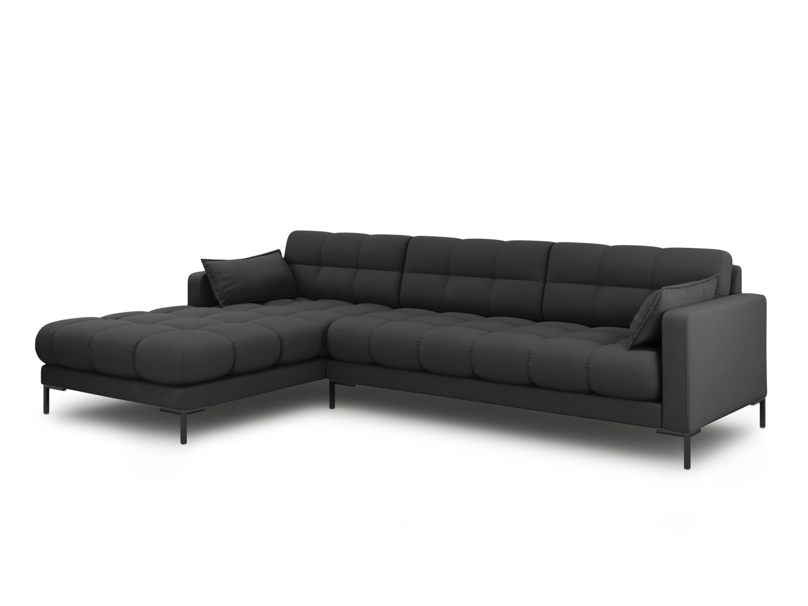 Stylisches Mamaia Ecksofa links, 5-Sitzer in elegantem Dunkelgrau/Schwarz, ideal für moderne Wohnräume, erhältlich bei KAQTU Design AG.