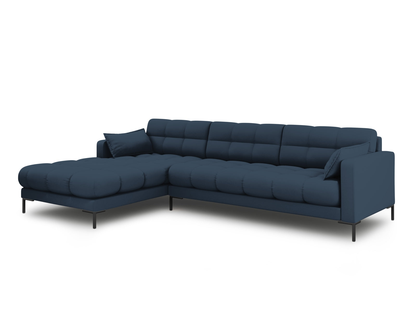 Elegantes Mamaia Ecksofa links in Blau und Schwarz, ideal für stilvolle Wohnräume. 5-Sitzer von Micadoni für maximalen Komfort.