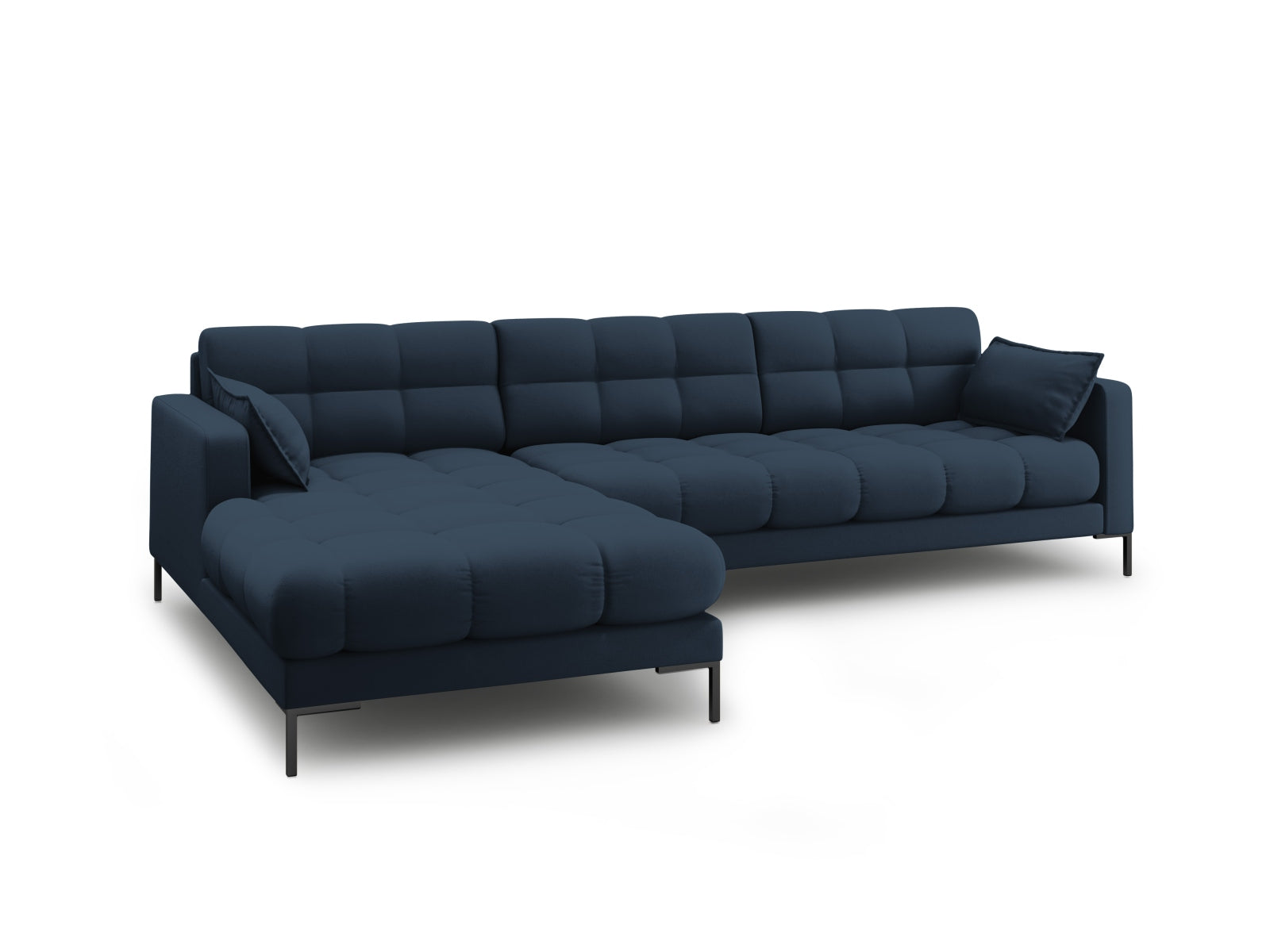 Modernes Mamaia Ecksofa links in stilvollem Blau und Schwarz, perfekt für gemütliche Wohnzimmer. 5-Sitzer von Micadoni für entspannte Stunden.