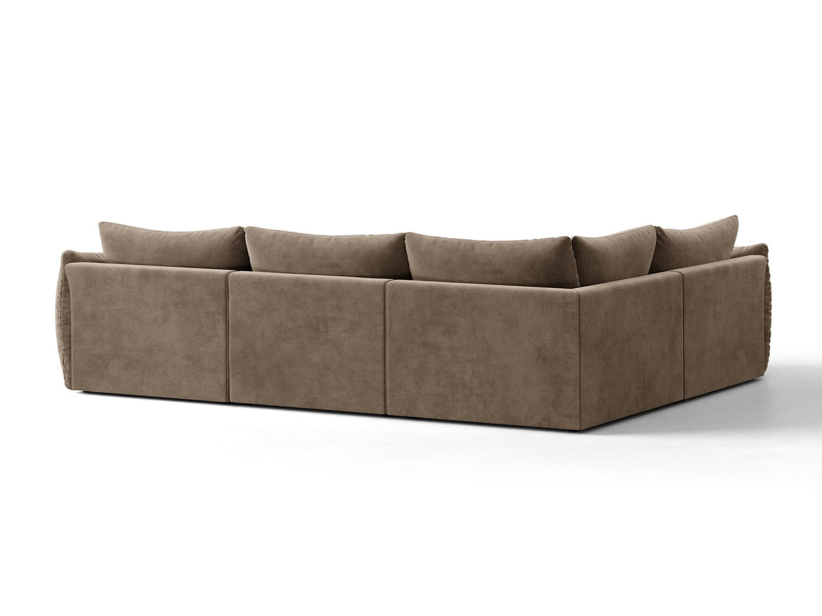 Modulares Ecksofa links Bloom von Micadoni in leichtem Beige, Veloursstoff Casino Pearl, schwarze Kunststoffbeine, tiefe Sitzfläche.