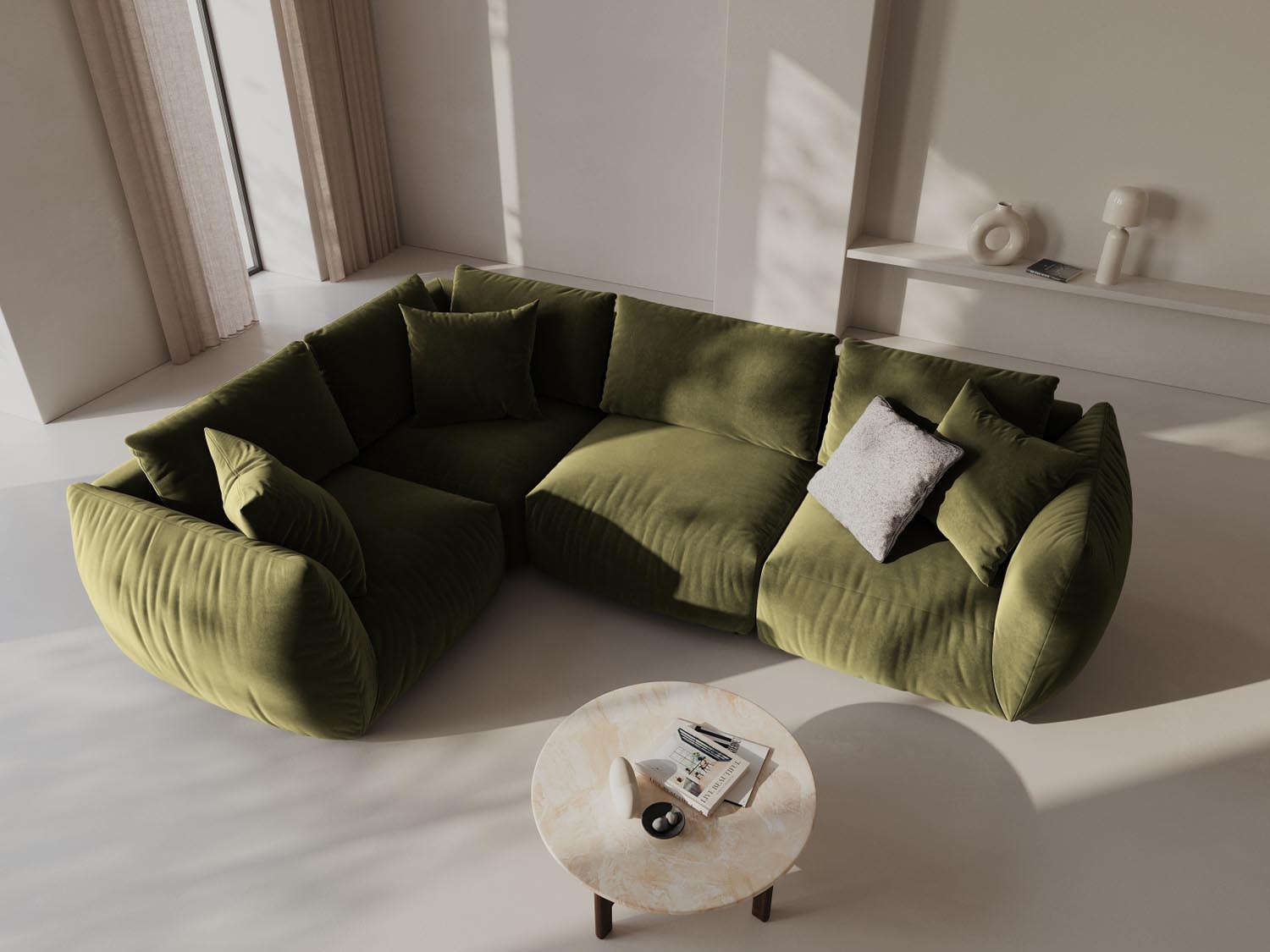 Stylisches Chris Velour Ecksofa in sanftem Hellgrün, ideal für moderne Wohnräume. Komfortables 4-Sitzer Design von Micadoni.