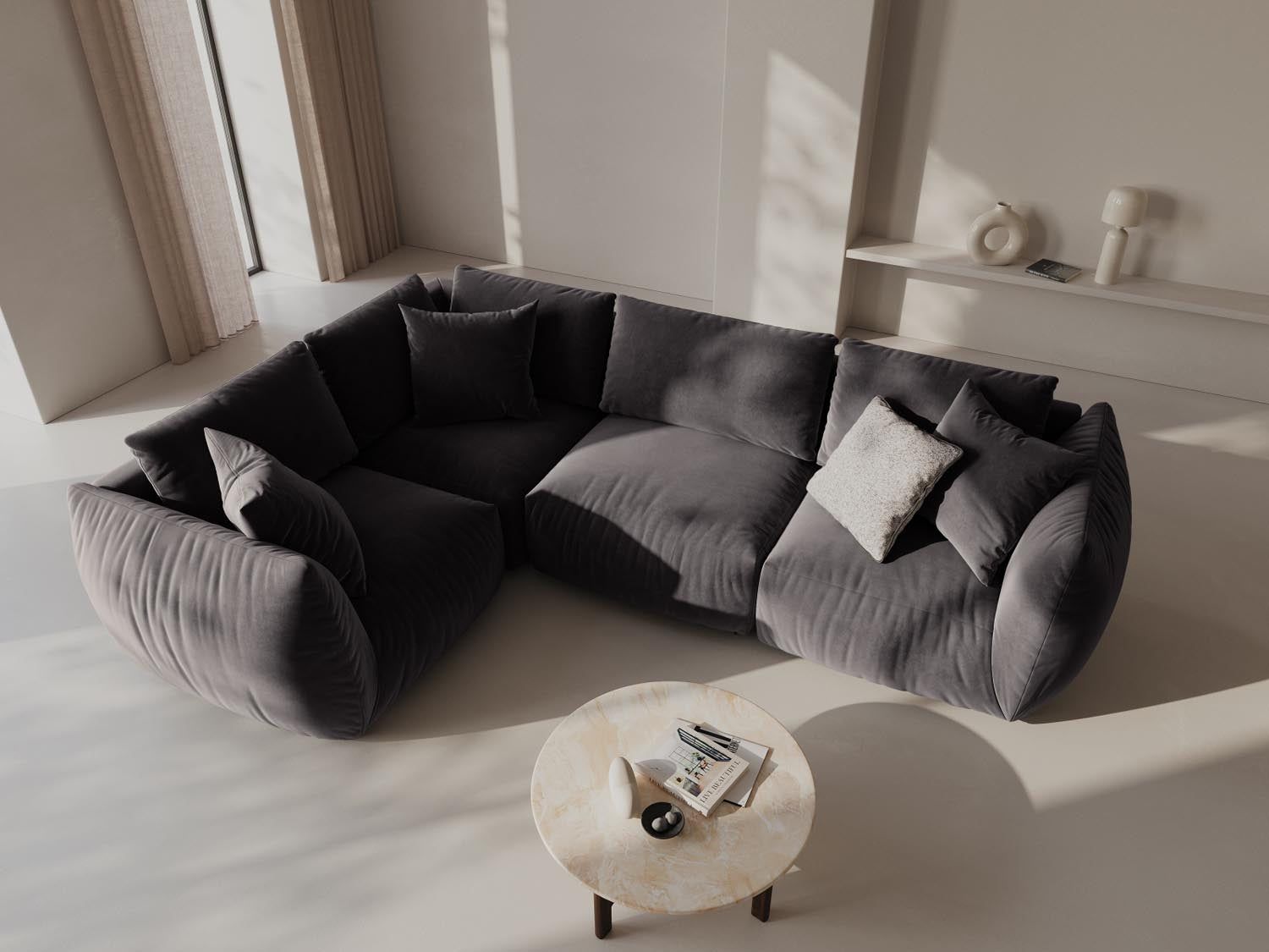 Stylisches Chris Velour Ecksofa in Dunkelgrau, ideal für moderne Wohnräume. Komfortables 4-Sitzer Design von Micadoni.