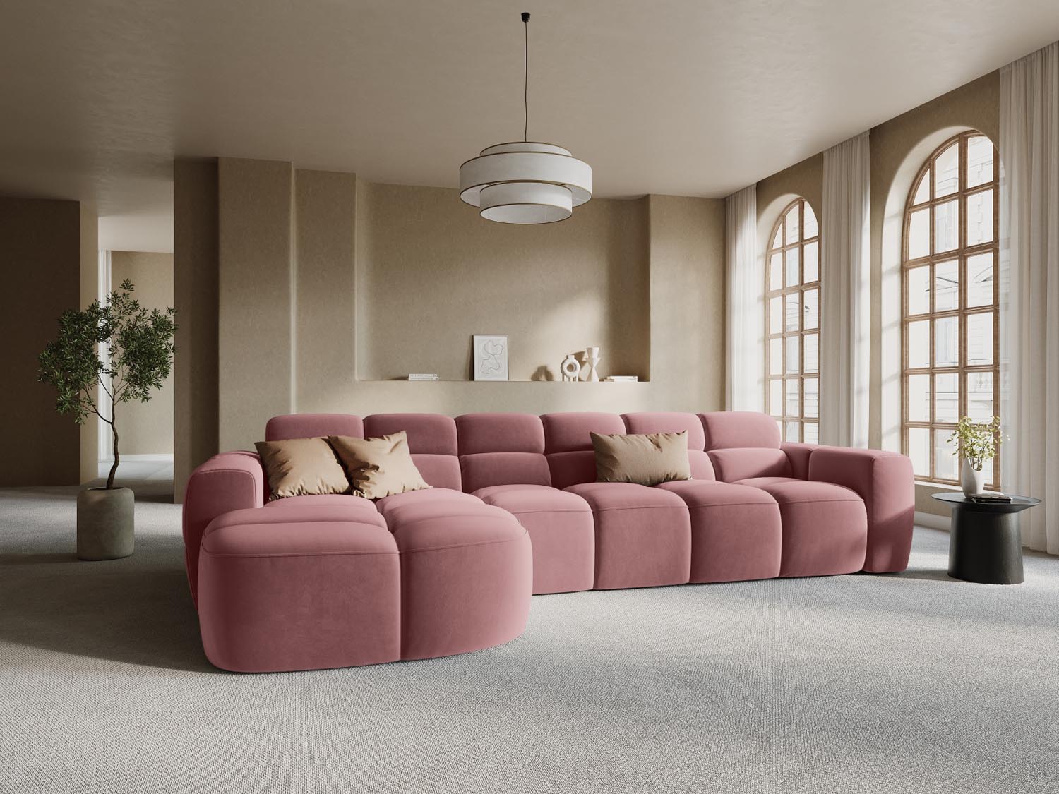 Erleben Sie das stilvolle Lisa Velour Ecksofa links von Micadoni. Dieses 4-Sitzer Sofa vereint modernen Komfort und elegantes Design für Ihr Wohnzimmer.