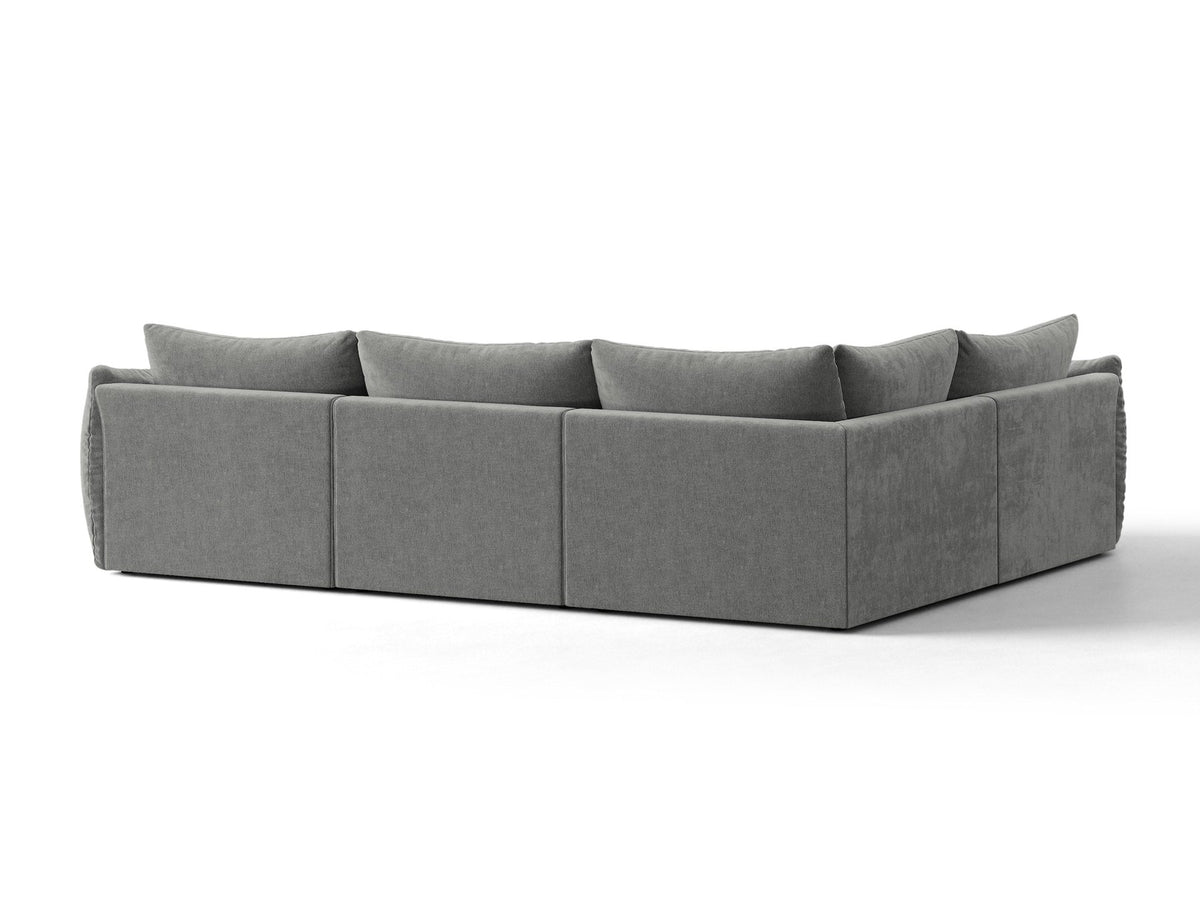 Modulares Ecksofa links Bloom von Micadoni in leichtem Beige, Veloursstoff Casino Pearl, schwarze Kunststoffbeine, tiefe Sitzfläche.