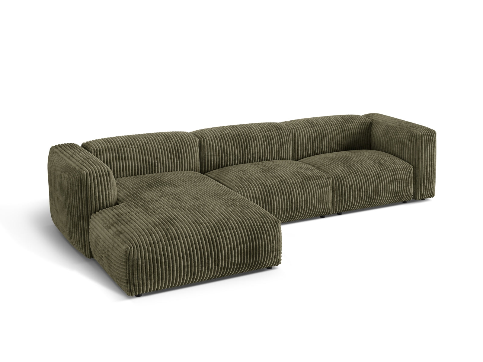Modernes, flexibles L-Sofa in der Farbe Moss Green-Tilia, perfekt für gemütliche Wohnzimmer. Linksseitige 3-Sitzer-Option von Micadoni.