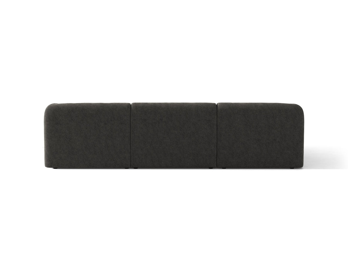 Miley Linkes Ecksofa von Micadoni, L-Sofa links in Dunkelbeige mit Bluvel-Stoffbezug und schwarzen Kunststoffbeinen, Frontalansicht.