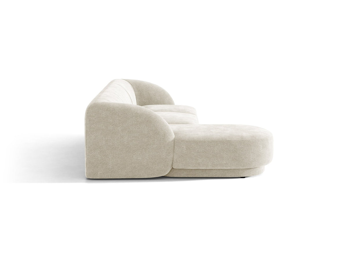 Miley Linkes Ecksofa von Micadoni, L-Sofa links in Dunkelbeige mit Bluvel-Stoffbezug und schwarzen Kunststoffbeinen, Frontalansicht.