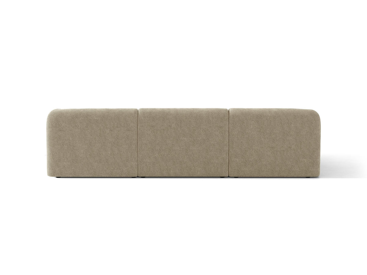 Miley Linkes Ecksofa von Micadoni, L-Sofa links in Dunkelbeige mit Bluvel-Stoffbezug und schwarzen Kunststoffbeinen, Frontalansicht.