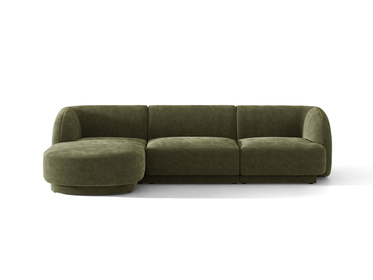 Miley Linkes Ecksofa von Micadoni, L-Sofa links in Dunkelbeige mit Bluvel-Stoffbezug und schwarzen Kunststoffbeinen, Frontalansicht.