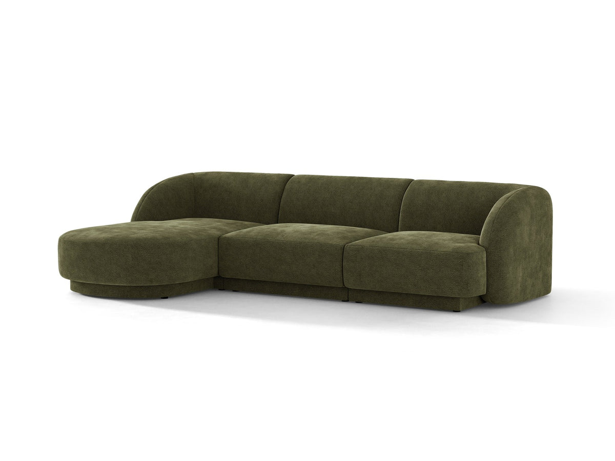 Miley Linkes Ecksofa von Micadoni, L-Sofa links in Dunkelbeige mit Bluvel-Stoffbezug und schwarzen Kunststoffbeinen, Frontalansicht.
