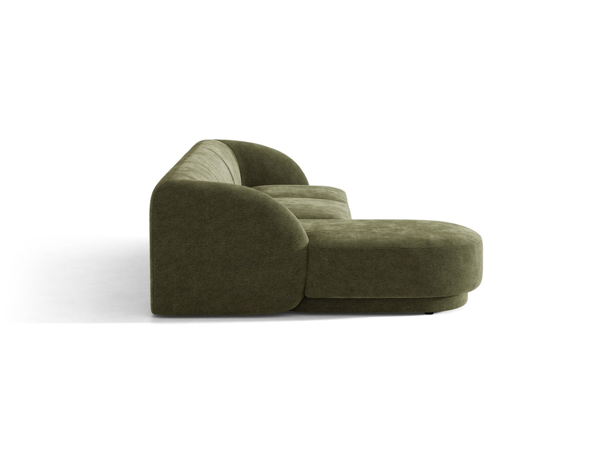 Miley Linkes Ecksofa von Micadoni, L-Sofa links in Dunkelbeige mit Bluvel-Stoffbezug und schwarzen Kunststoffbeinen, Frontalansicht.