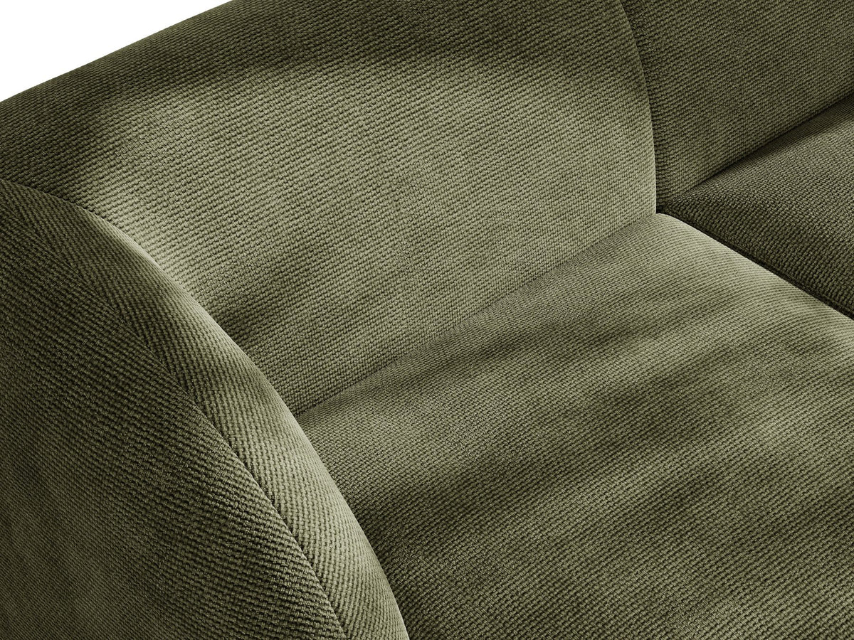 Miley Linkes Ecksofa von Micadoni, L-Sofa links in Dunkelbeige mit Bluvel-Stoffbezug und schwarzen Kunststoffbeinen, Frontalansicht.