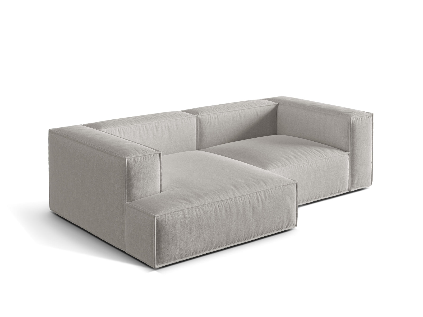 Elegantes, modulares 3-Sitzer Ecksofa links Nuria in sanftem Hellgrau, ideal für stilvolle Wohnräume und entspannte Abende.