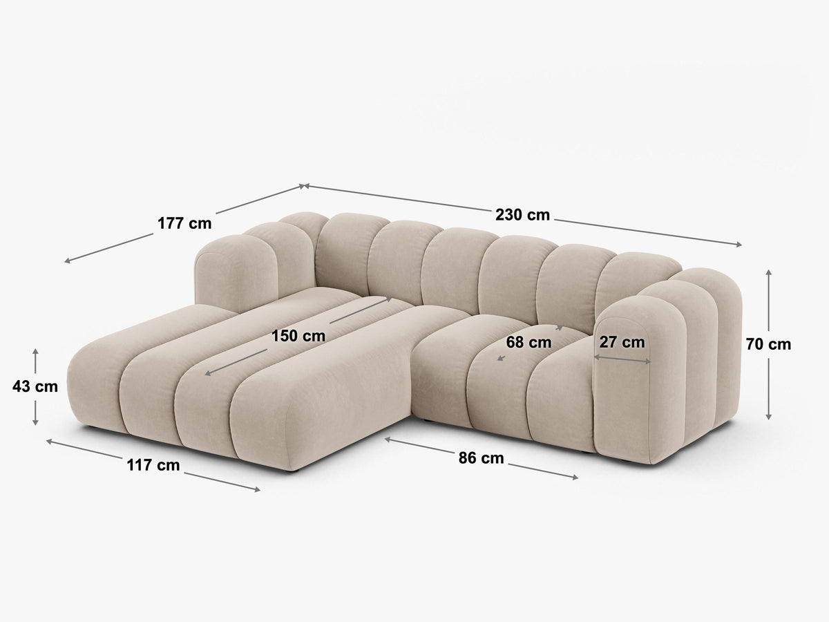Lupine Linkes Ecksofa von Micadoni in Beige, L-förmiges Ecksofa mit Samtstoff Venus, schwarzen Kunststoffbeinen, Ausrichtung links.