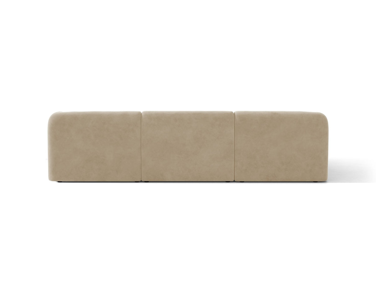 Miley Linkes Ecksofa von Micadoni, L-Sofa links in Dunkelbeige mit Bluvel-Stoffbezug und schwarzen Kunststoffbeinen, Frontalansicht.