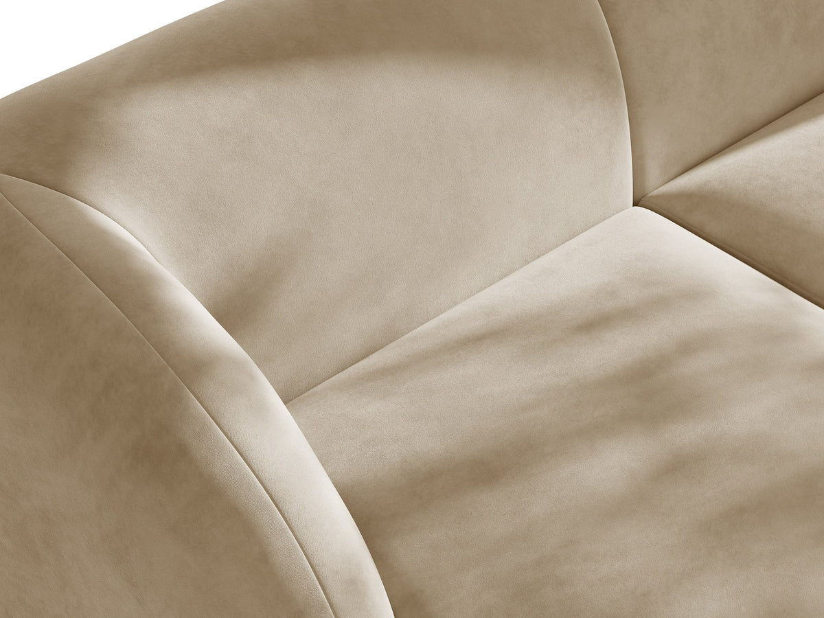 Miley Linkes Ecksofa von Micadoni, L-Sofa links in Dunkelbeige mit Bluvel-Stoffbezug und schwarzen Kunststoffbeinen, Frontalansicht.