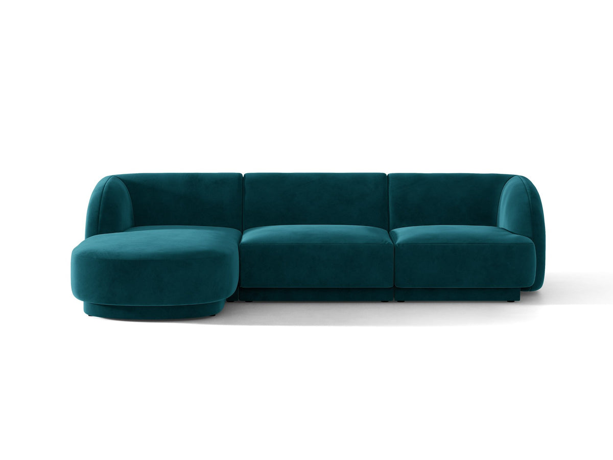 Miley Linkes Ecksofa von Micadoni, L-Sofa links in Dunkelbeige mit Bluvel-Stoffbezug und schwarzen Kunststoffbeinen, Frontalansicht.