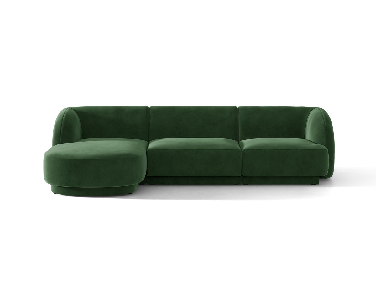 Miley Linkes Ecksofa von Micadoni, L-Sofa links in Dunkelbeige mit Bluvel-Stoffbezug und schwarzen Kunststoffbeinen, Frontalansicht.