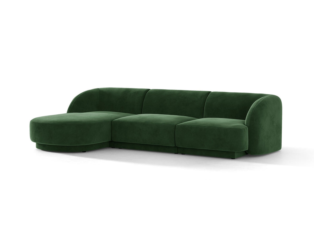 Miley Linkes Ecksofa von Micadoni, L-Sofa links in Dunkelbeige mit Bluvel-Stoffbezug und schwarzen Kunststoffbeinen, Frontalansicht.