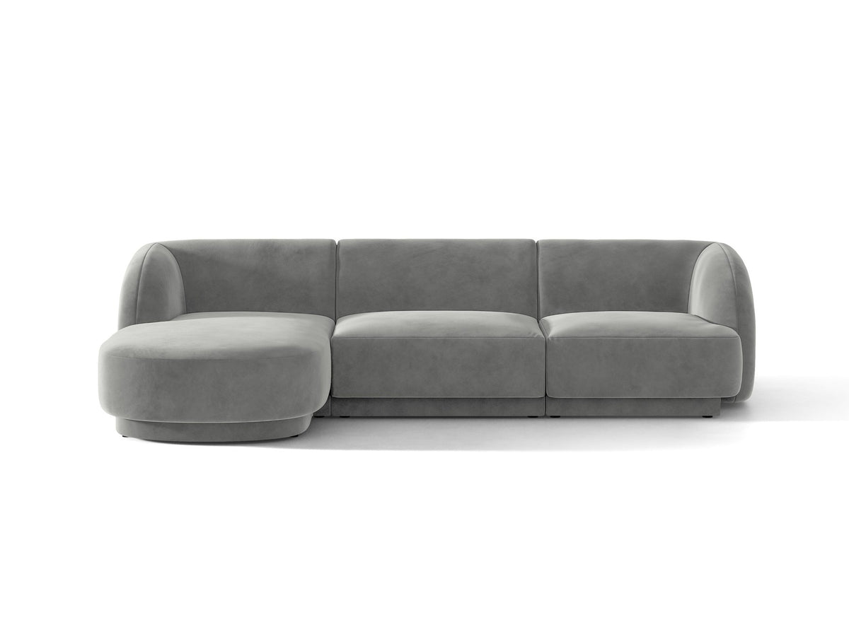 Miley Linkes Ecksofa von Micadoni, L-Sofa links in Dunkelbeige mit Bluvel-Stoffbezug und schwarzen Kunststoffbeinen, Frontalansicht.