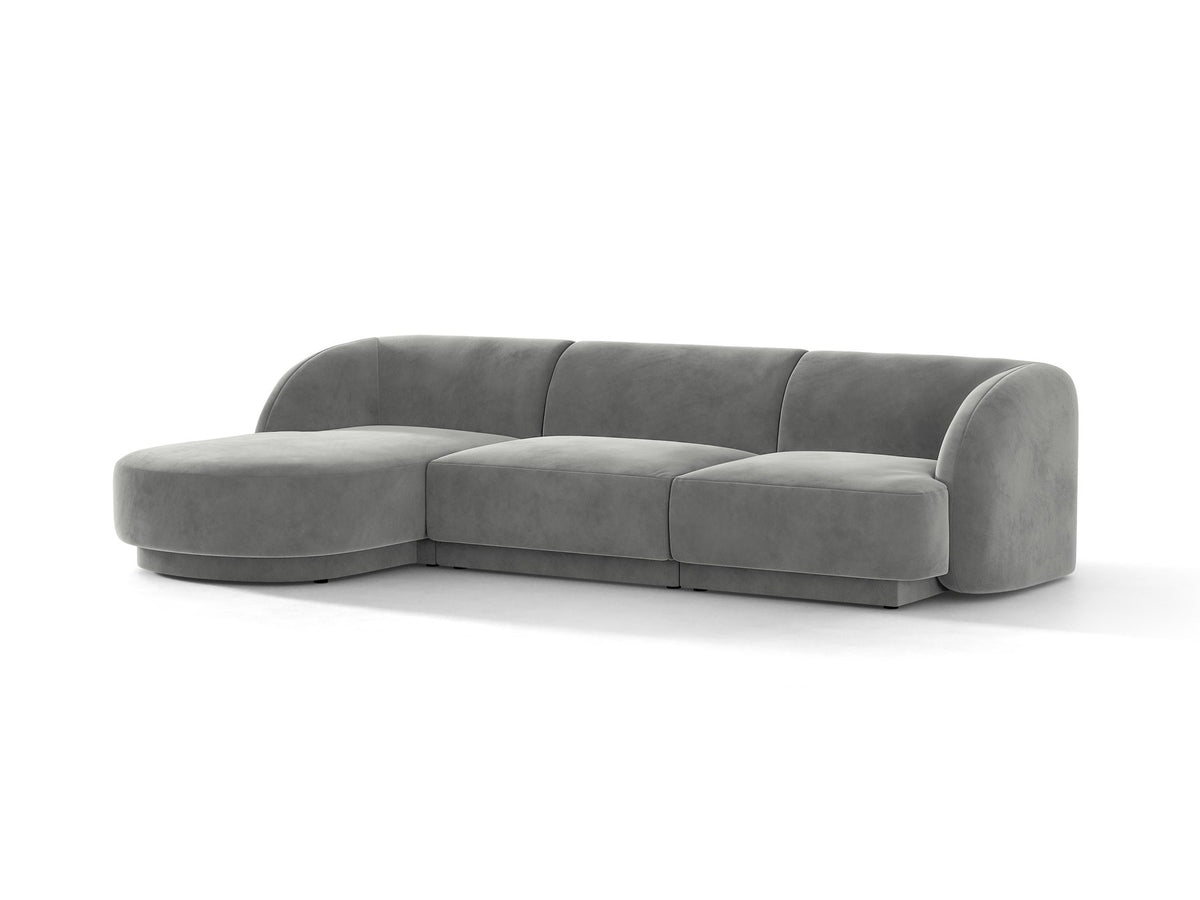 Miley Linkes Ecksofa von Micadoni, L-Sofa links in Dunkelbeige mit Bluvel-Stoffbezug und schwarzen Kunststoffbeinen, Frontalansicht.