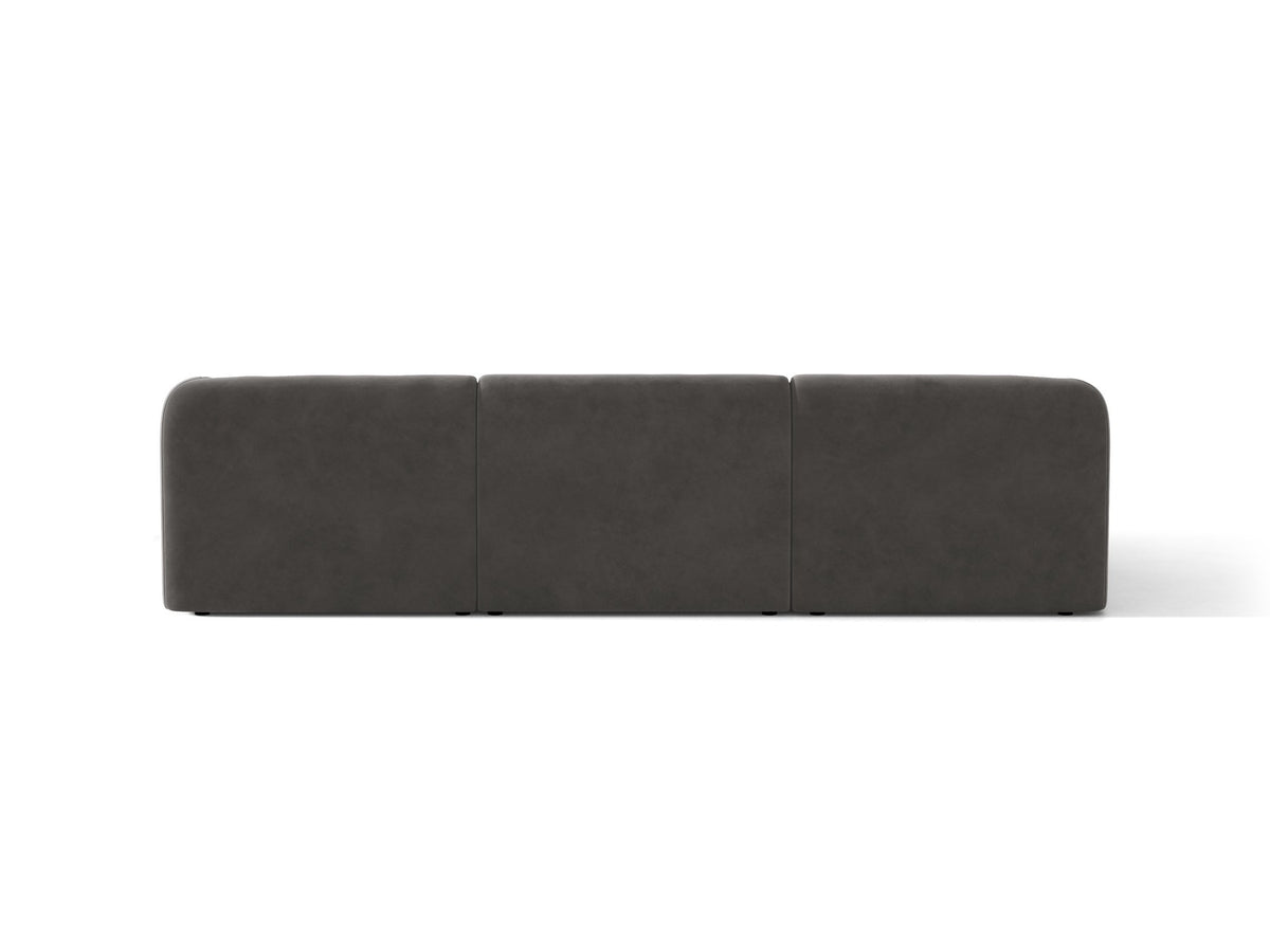 Miley Linkes Ecksofa von Micadoni, L-Sofa links in Dunkelbeige mit Bluvel-Stoffbezug und schwarzen Kunststoffbeinen, Frontalansicht.