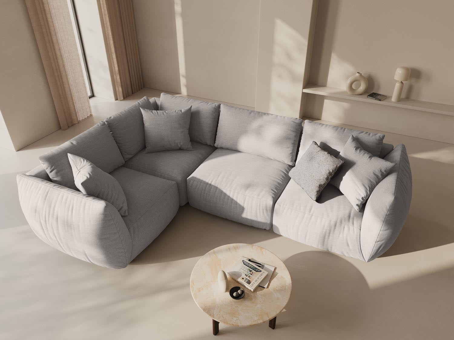Elegantes Chris Ecksofa links, 4-Sitzer in stilvollem Natural-LINS, ideal für moderne Wohnräume und gemütliche Abende.