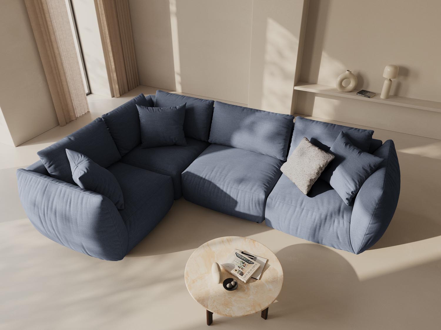 Stylisches Chris Ecksofa links in sanftem Hellgrün, ideal für moderne Wohnräume, präsentiert in einer einladenden Atmosphäre.
