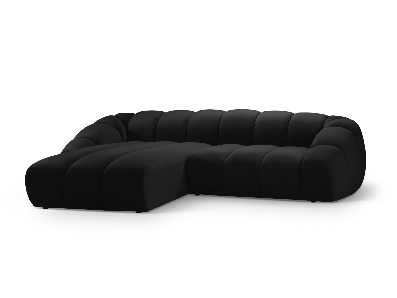 Elegantes Diana Velour Ecksofa in Schwarz, linksseitig, ideal für stilvolle Wohnräume. 4-Sitzer von Micadoni, perfekt für Entspannung.