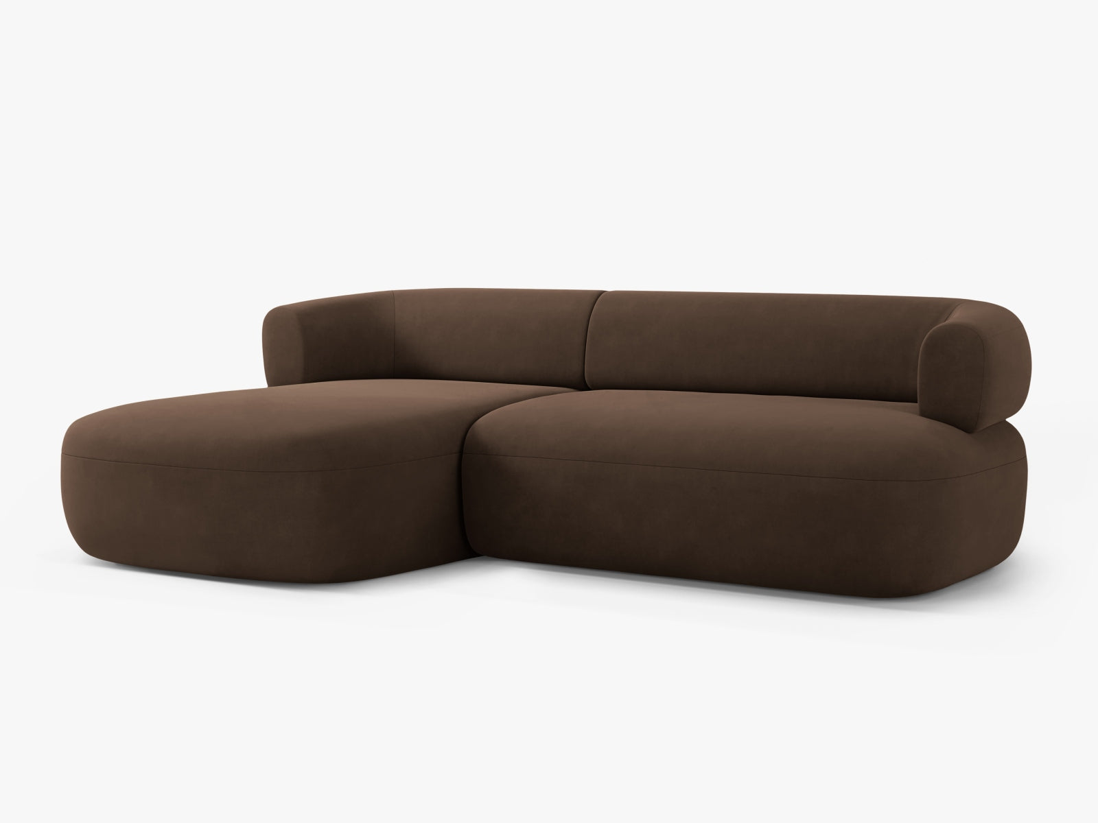 Modernes 5-Sitzer Ecksofa Jenny aus Velours, linksseitig, in edlem Chocolate-Salvador, perfekt für gemütliche und stilvolle Wohnzimmer.