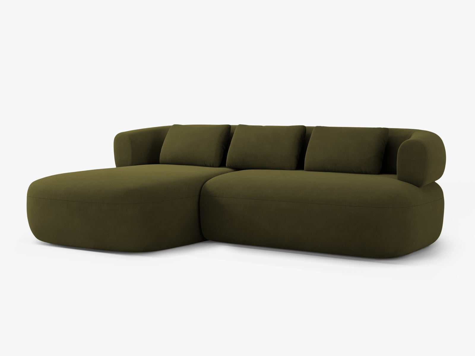 Elegantes Jenny Velour Ecksofa links, 5-Sitzer in stilvollem Grün, ideal für moderne Wohnräume, erhältlich bei KAQTU Design AG.