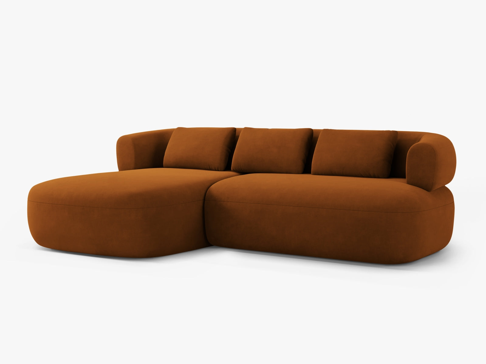 Elegantes Jenny Velour Ecksofa links, 5-Sitzer in warmem Terracotta, ideal für stilvolle Wohnräume, präsentiert von Micadoni.