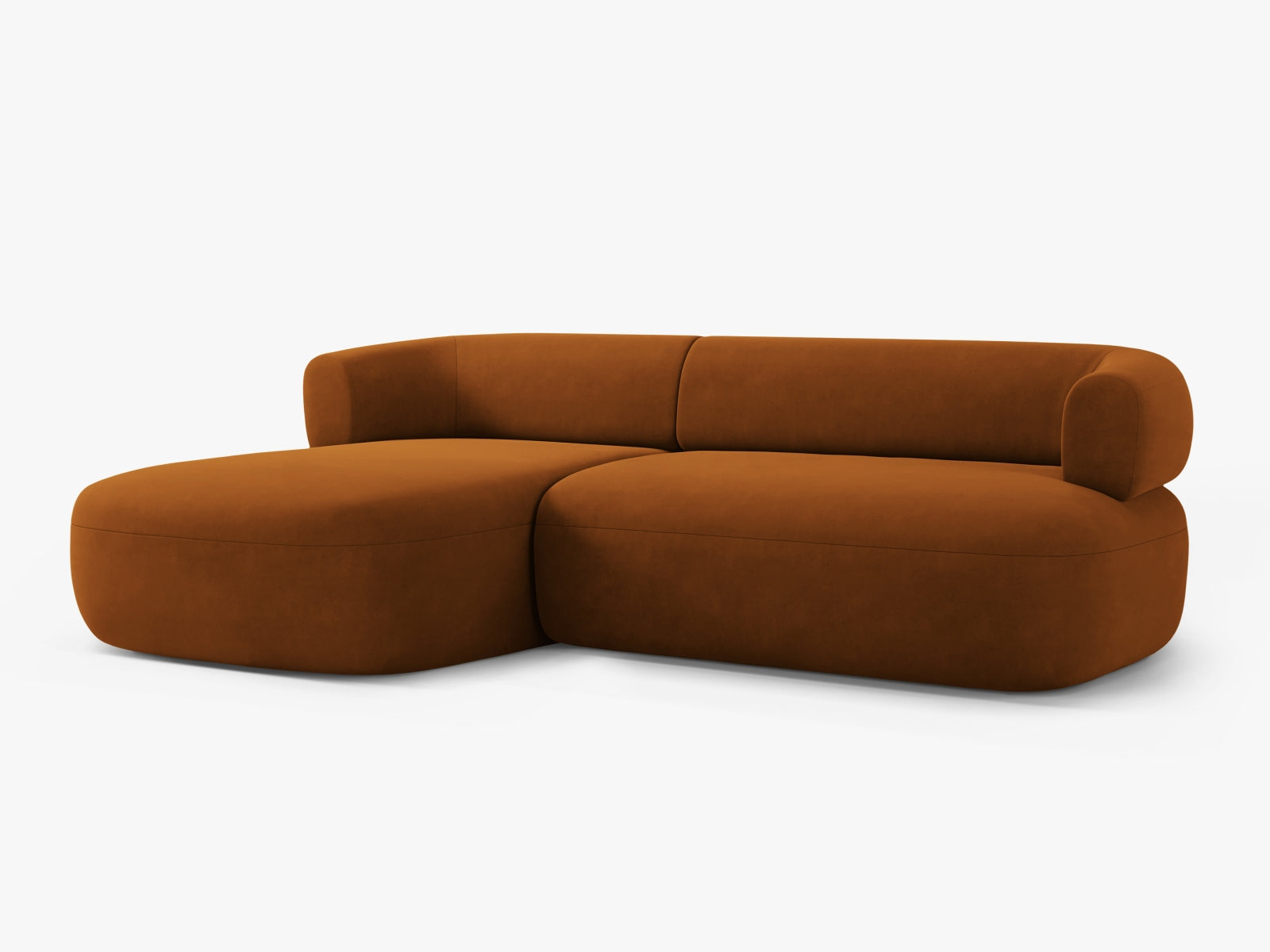 Modernes 5-Sitzer Ecksofa Jenny aus Velours in sanftem Terracotta, perfekt für gemütliche und stilvolle Wohnambiente von Micadoni.
